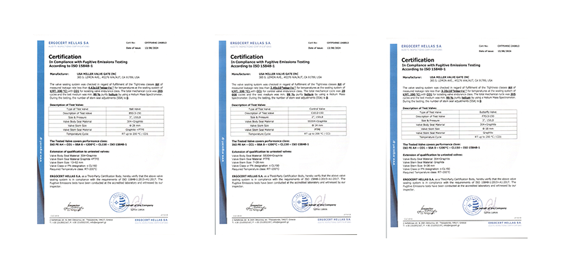 美国米勒气动调节阀API 607防火认证、ATEX防爆认证等12项国际证书合集