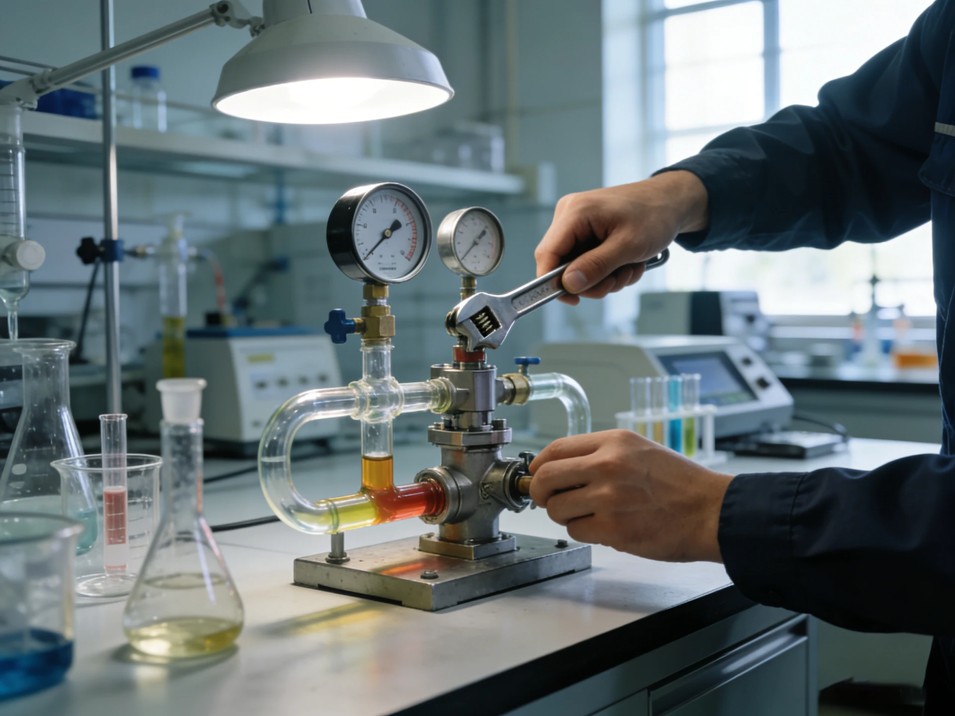 米勒阀门产品矩阵实景图，包含球阀、调节阀、蝶阀等多种进口阀门，展示其为不同工位提供适配产品的整体方案支撑能力。